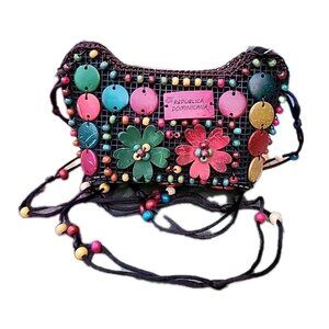 VTG Boho Flower Coconut Shell Beaded Dominica Republic Souvenir Beach Mini Purse